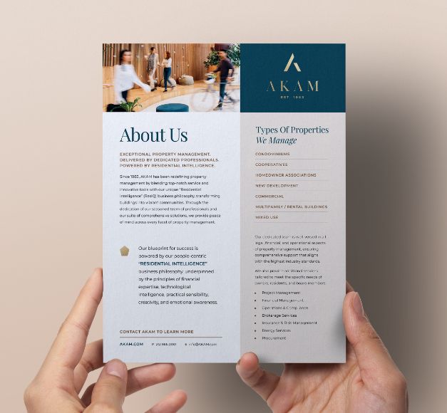 A flyer with details about AKAM's business