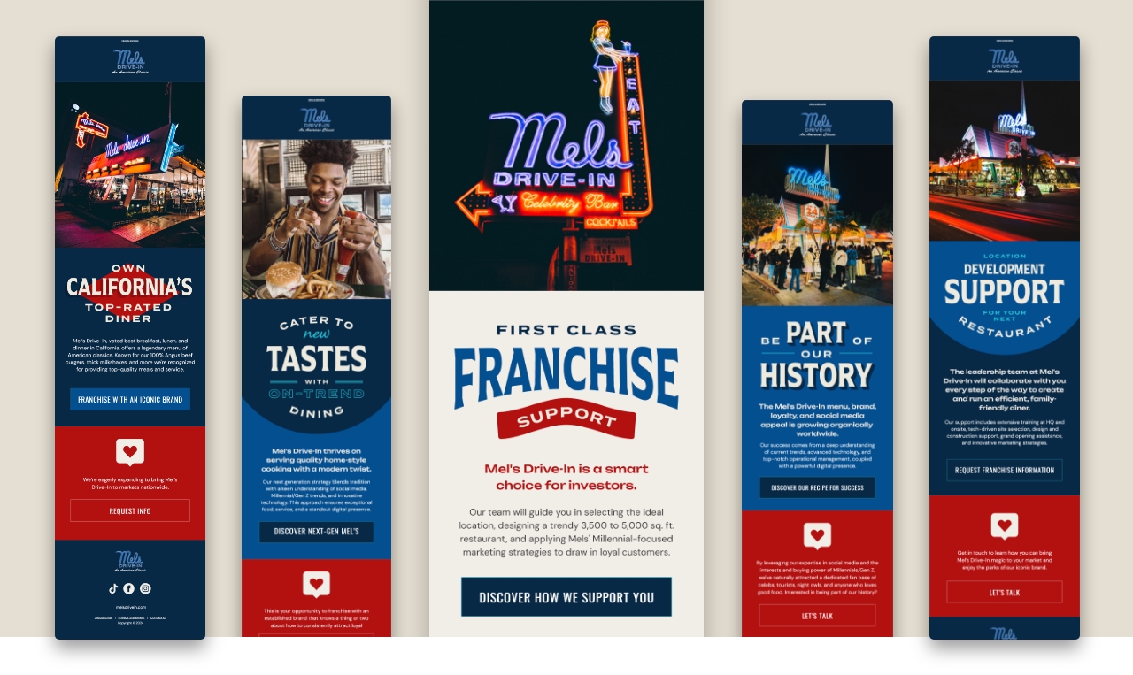 A collage of 6 website banners of Mel's Drive In