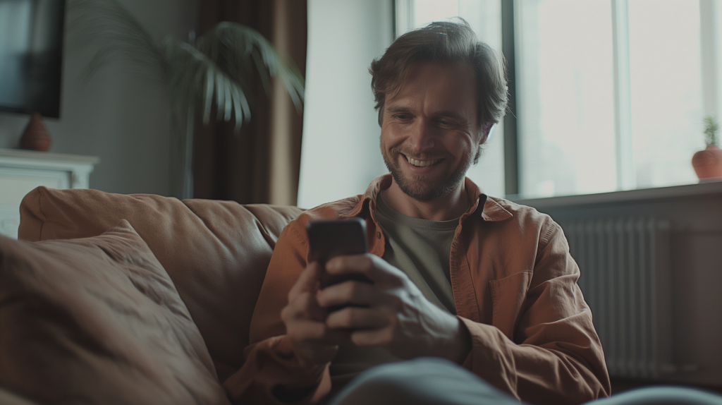 a person smiling while looking at their phone