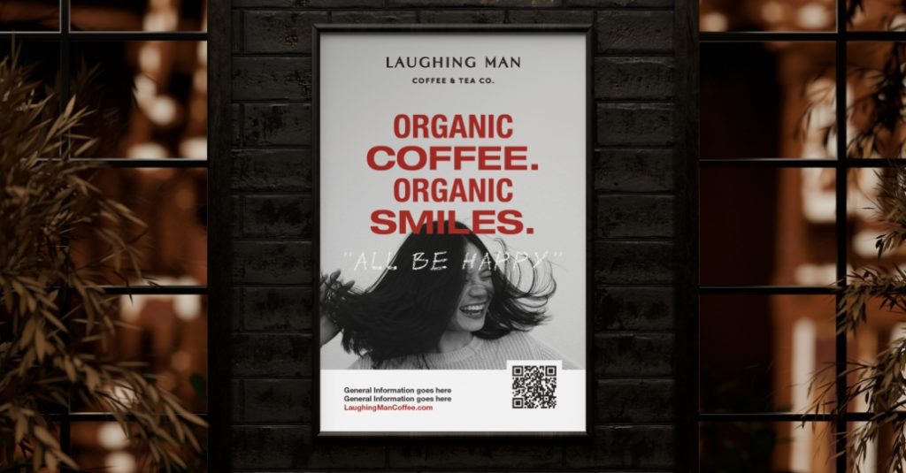 an advertisement for Laughing Man Coffee